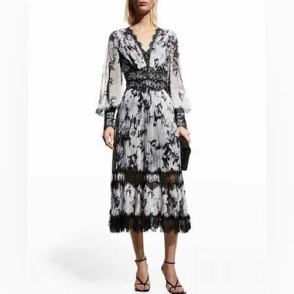 Black & White Floral Chiffon and Lace Dress - Picture 1 of 4